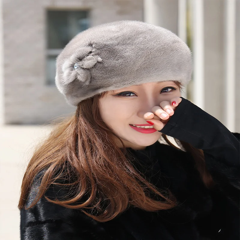 New Arrival Elegant Women Mink Fur Hats Autumn Winter Hat Ladies Female Fashion Skullies Beret Hat Top Hat Free Shipping