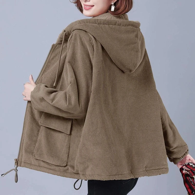 2023 New Fashion Women Corduroy Jacket Female Velvet Thick Warm Coat Autumn Winter Casual Loose Hoodie Windbreaker Outerwear
