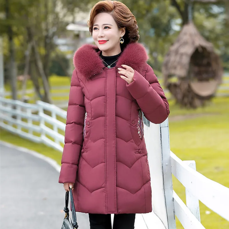 

Winter Jacket Women Cotton Padded Medium Length Middle Aged Mother's Coats Embroidery Hooded Fur Collar Parka Female New XL-5XL