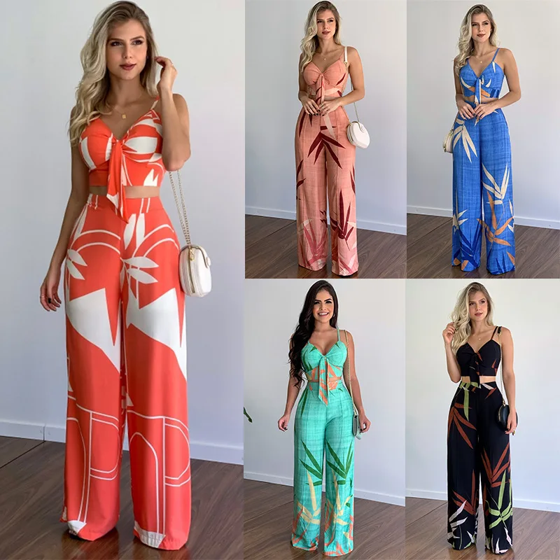 

2022 Women Casual Summer Two Piece Set Beach Outfits Knotted Backless Leaf Print Crop Top & Wide Leg Pants Set