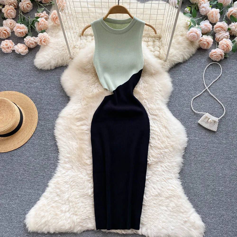 

Sleeveless Hollow Knit Bodycon Wrap Dress French Fashion Party Elegant Vestidos Chic Summer Sexy Slim Vintage Women Dress Ins