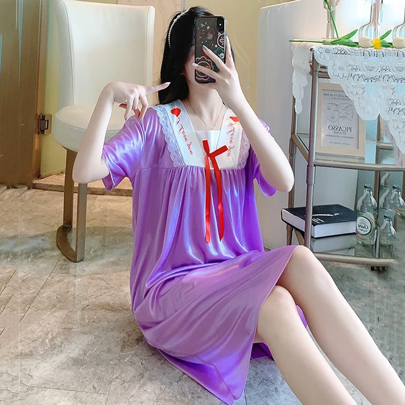 2 Pcs/Lot New Summer Ladies Short Sleeve Nightdress Noble Fashion Pajamas Cute Ice Silk Ladies Homewear Size M L XL XXL XXXL 4XL