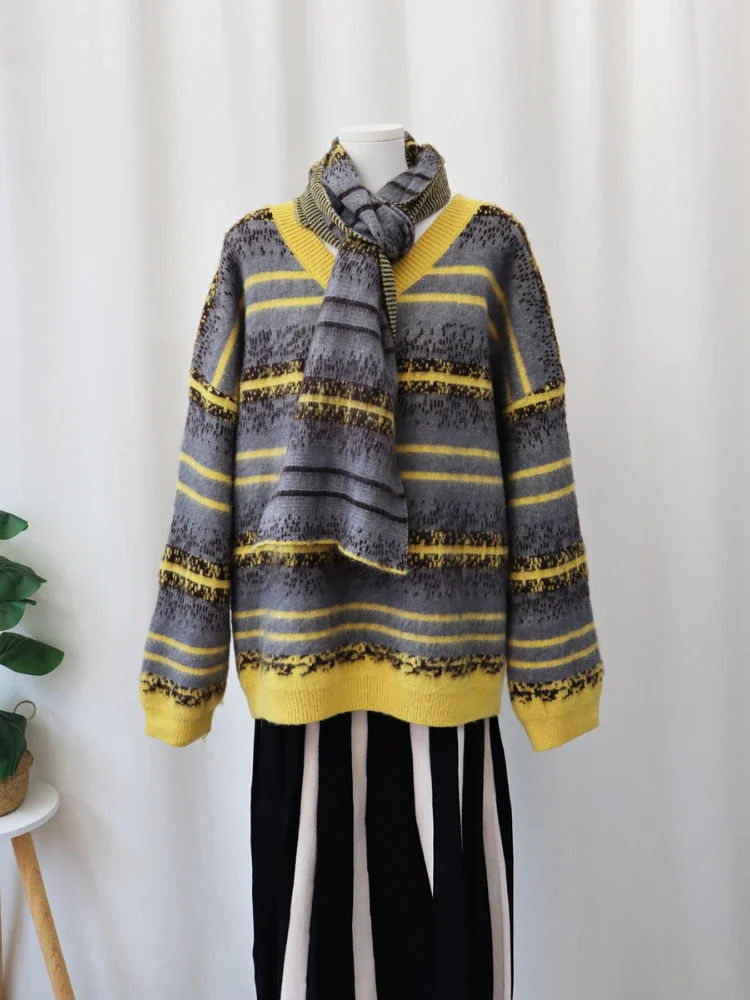 Осенний новый контрастный цвет в корейском стиле свободный шарф ленивом свитер