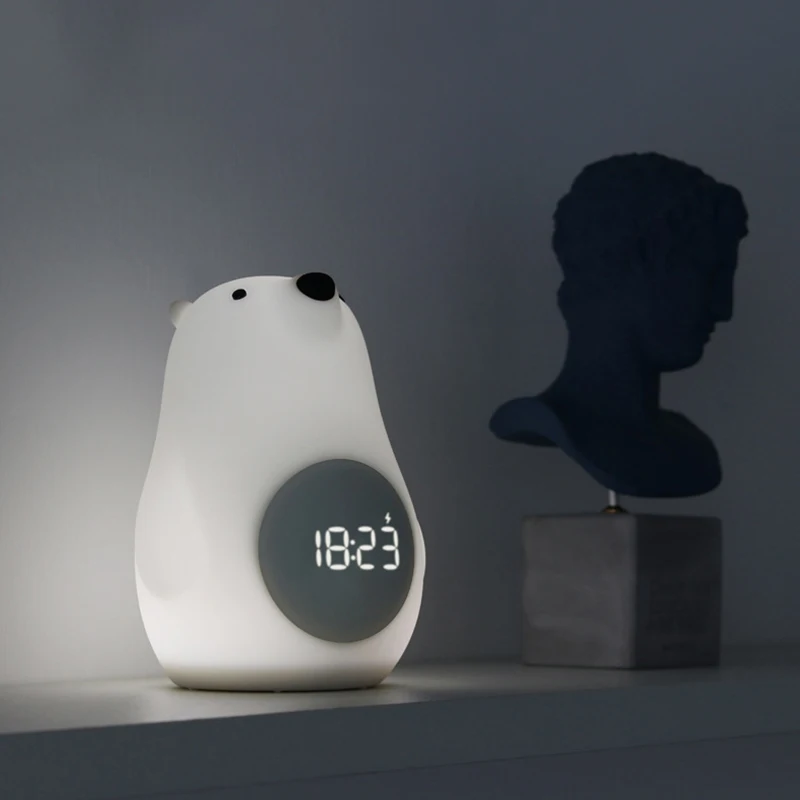

Creative Muid Big White Bear Wake-up Light Alarm Clock Student Sleepy Digital Clock Bedroom Usb Rechargeable Led Silicone Light