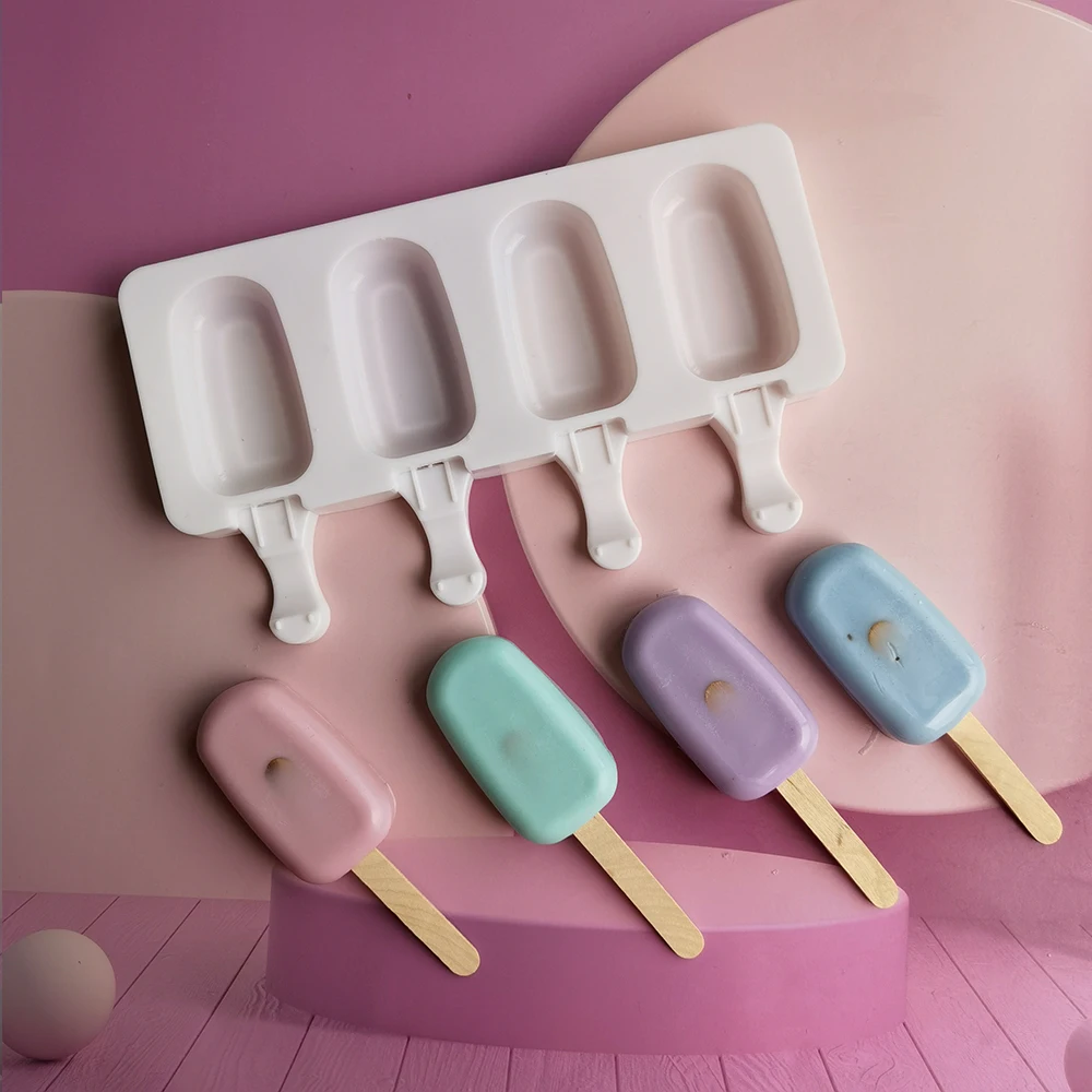 

Silicone Ice Cream Molds 4 Cell Ice Cube Tray Food Safe Popsicle Maker DIY Homemade Freezer Ice Lolly Mould Home Kitchen