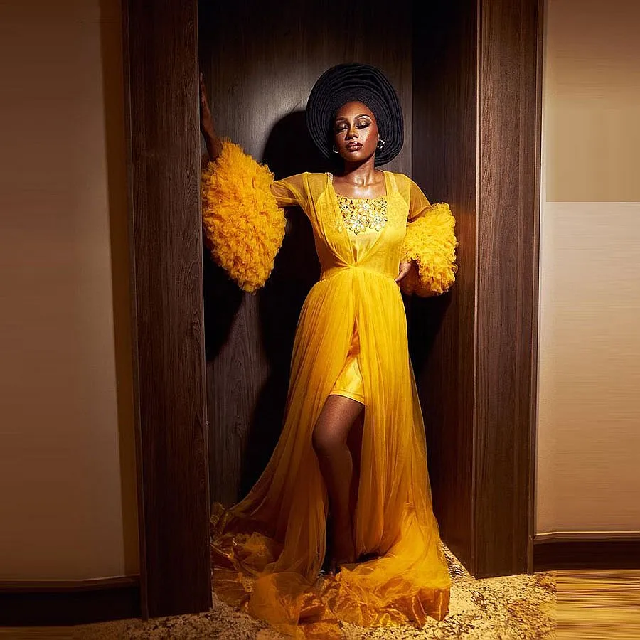 

Yellow Prom Dresses With Ruffles Long Sleeves Tulle Maternity Robes For Photo Shoots Baby Shows Aso Ebi Bridal Robes No Sling