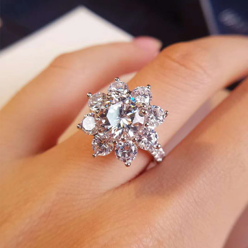

Real Moissanite Luxury Sun Flower Ring 2 Carat Diamond Lotus Ring Women Fancy Wedding Rings Sterling Silver Jewelry
