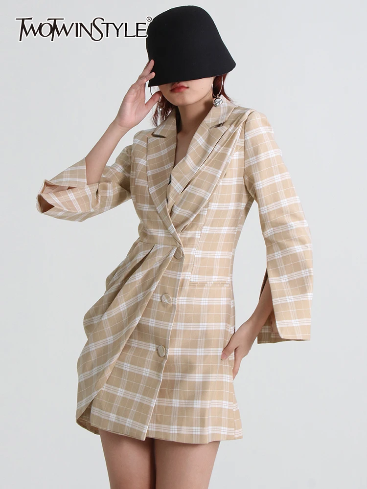 

Женское клетчатое платье TWOTWINSTYLE, платье трапециевидной формы с отложным воротником, длинным рукавом и высокой талией