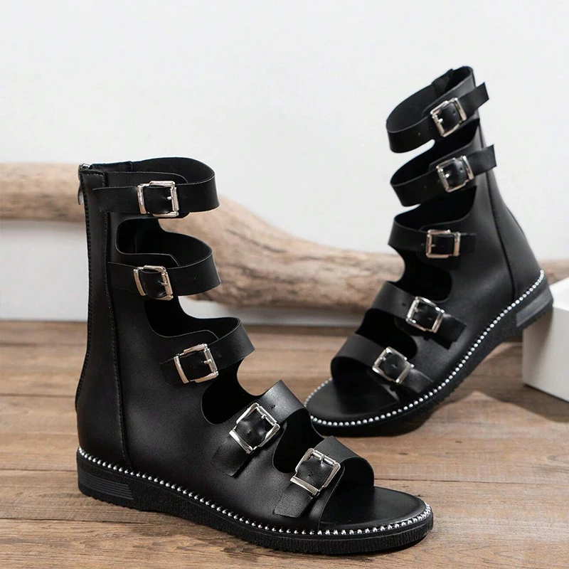 2023 Fashion Buckle Design Women Summer Sandals Round Flats Heel Back Strap Peep Toe Beach Casual Fashion Shoes Ladies