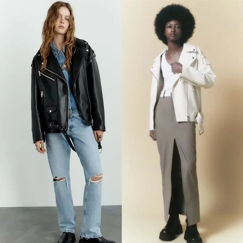 KoHuiJoo Black White Motorcycle Leather Jacket Autumn Women Turn-down Collar Short Loose PU Casual Female Oversize With Belt