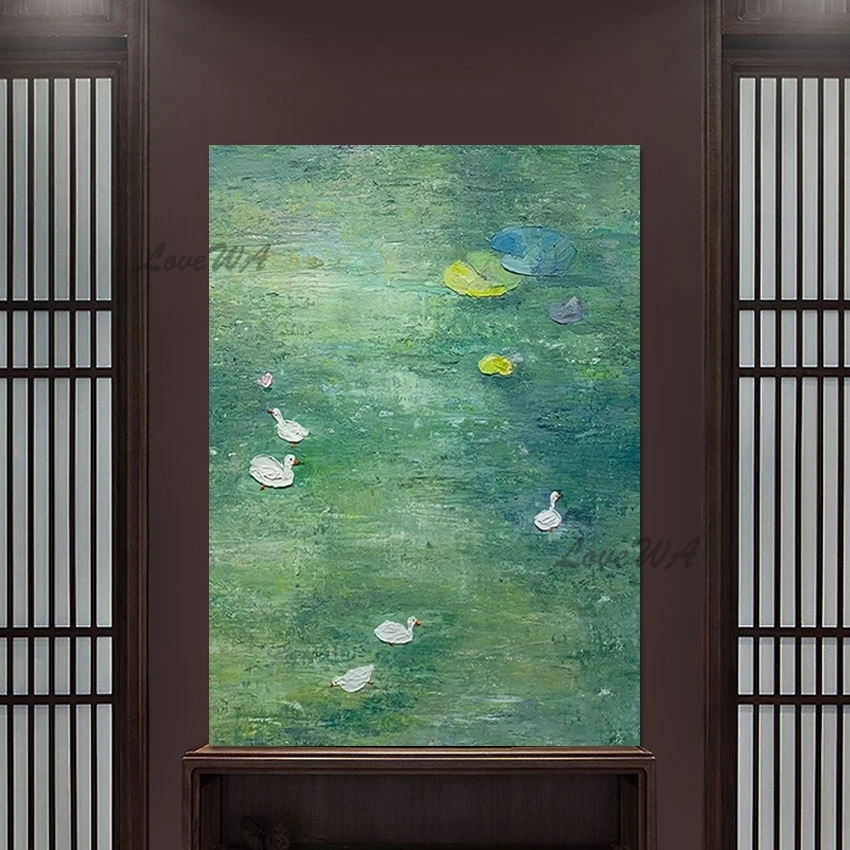 Лист лотоса пруд природный пейзаж настенная картина зеленая акриловая текстура