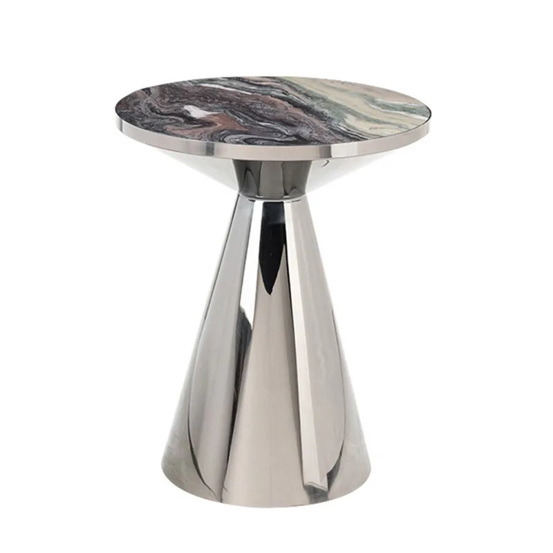 

Light luxury round marble coffee side table stainless steel simple rock slab corner table living room coffee table