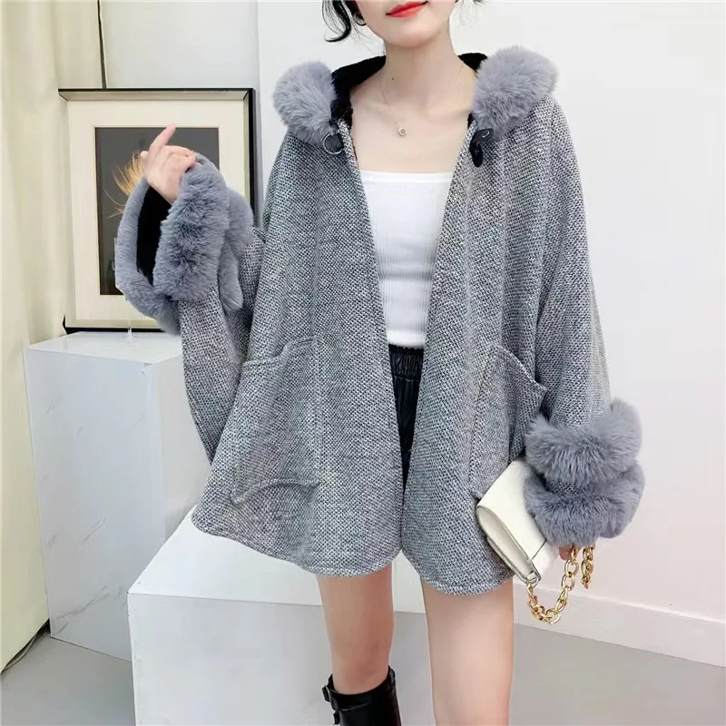 2023 Oversize Women Winter Batwing Sleeves Faux Rabbit Fur Cardigan Coat With Hat Thick Velvet Poncho Long Outstreet Wear Capes