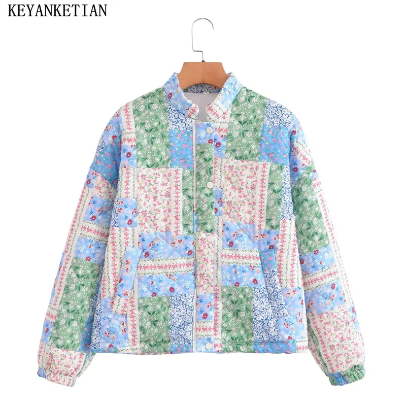 

Куртка KEYANKETIAN женская с цветочным принтом, винтажная стеганая однобортная свободная теплая верхняя одежда с карманами, на осень/зиму