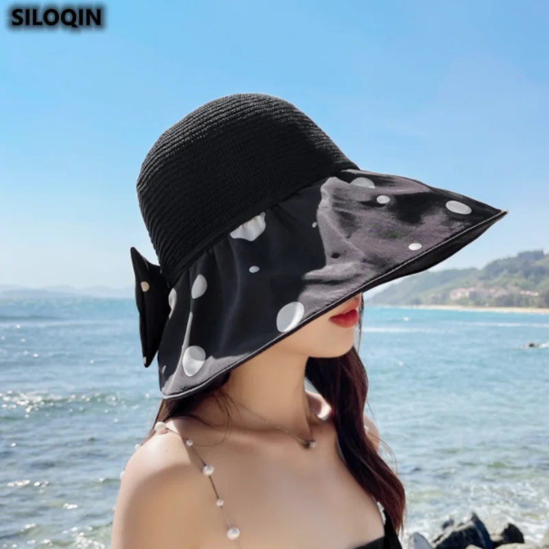 

2022 Bow-Knot Women's Sun Hat Bucket Hat Female Summer Shade Sombrero Panama Millinery Beach Hats Black Glue Big Brim Hat New
