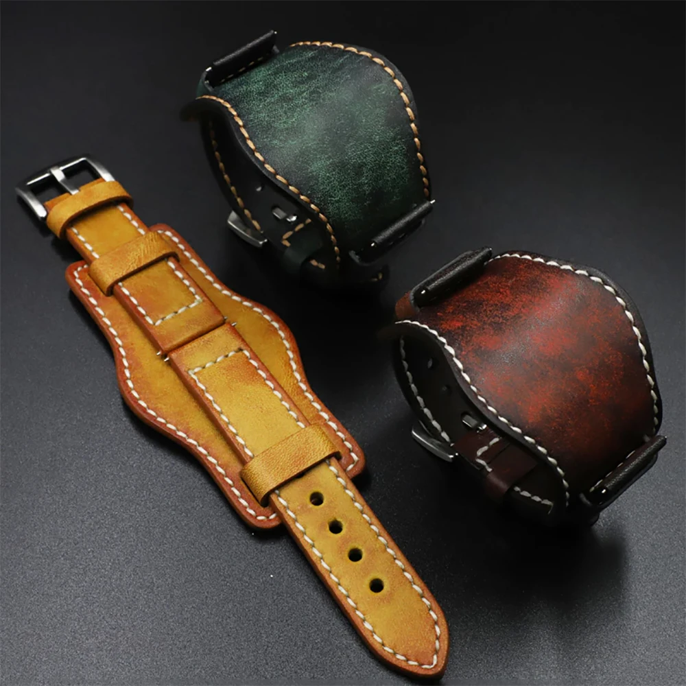 Leather Bund Strap Men's Watch Band 20mm 22mm 24mm Leather Cuff Watch Bracelet Yellow Blue Black Green Red Color Watch Strap
