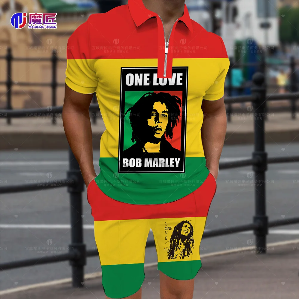 Bob Marley Short-Sleeved POLO Shirt Lapel Suit Sports Meeting Fashion Men's Shirt + Shorts Casual 2-Piece Fitness Running Suit