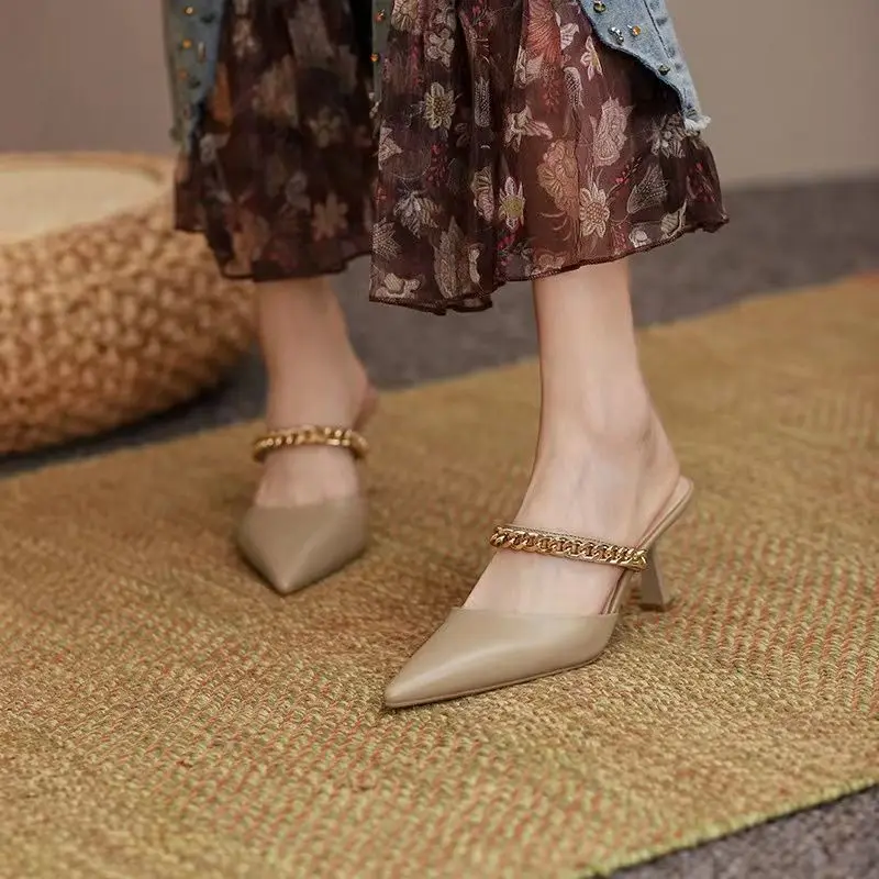 LEDPLeather French Sandals Women's 2022 Summer New Pointed Toe British Style High-heeled Fashion Casual Half Slippers Women