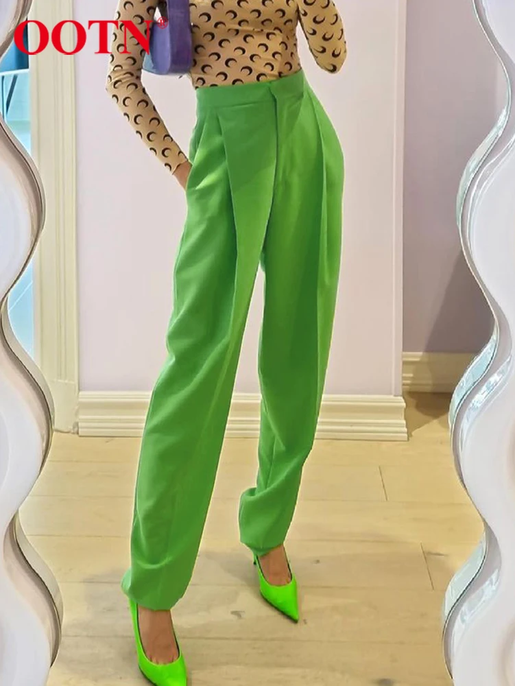 

Яркие зеленые уличные брюки OOTN, модные плиссированные брюки с высокой талией, 2022, тонкие летние женские брюки полной длины, трендовые женски...