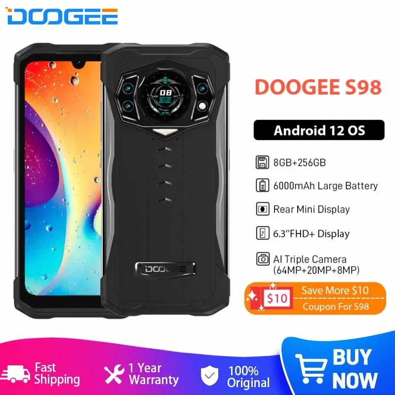 Enlarge DOOGEE S98 Smartphone 8GB 256GB G96 Octa Core 6.3 Inch 64MP Camera 6000mAh Cellphone Android 12 Smart Rear Display Mobile Phone