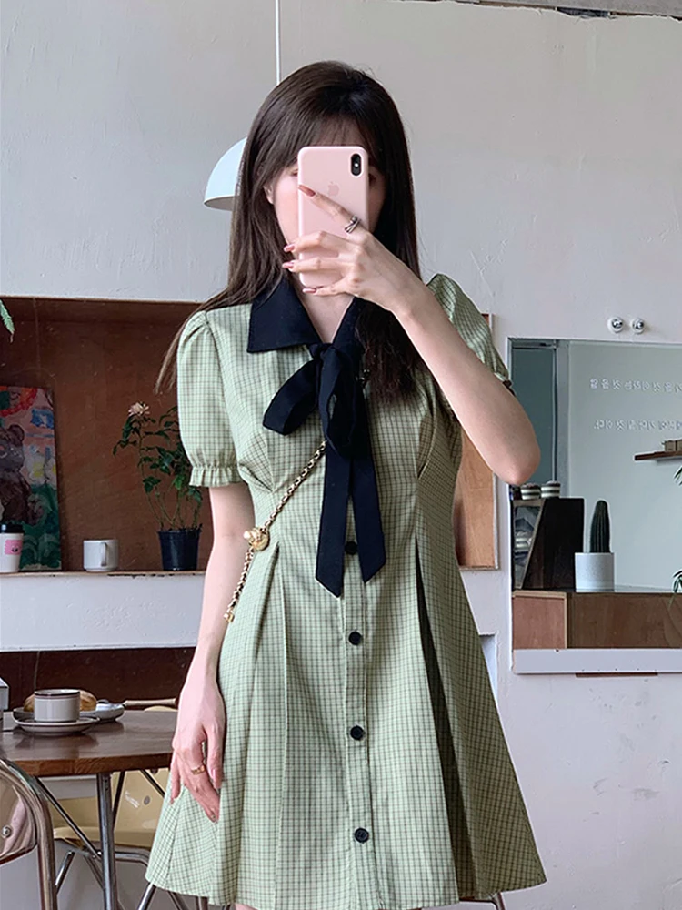 Летние платья для женщин 2022 года, сладкий зеленый клетчатый узелок с завязками, короткие рукава, мини-платье в стиле преппи с А-образным силуэтом.