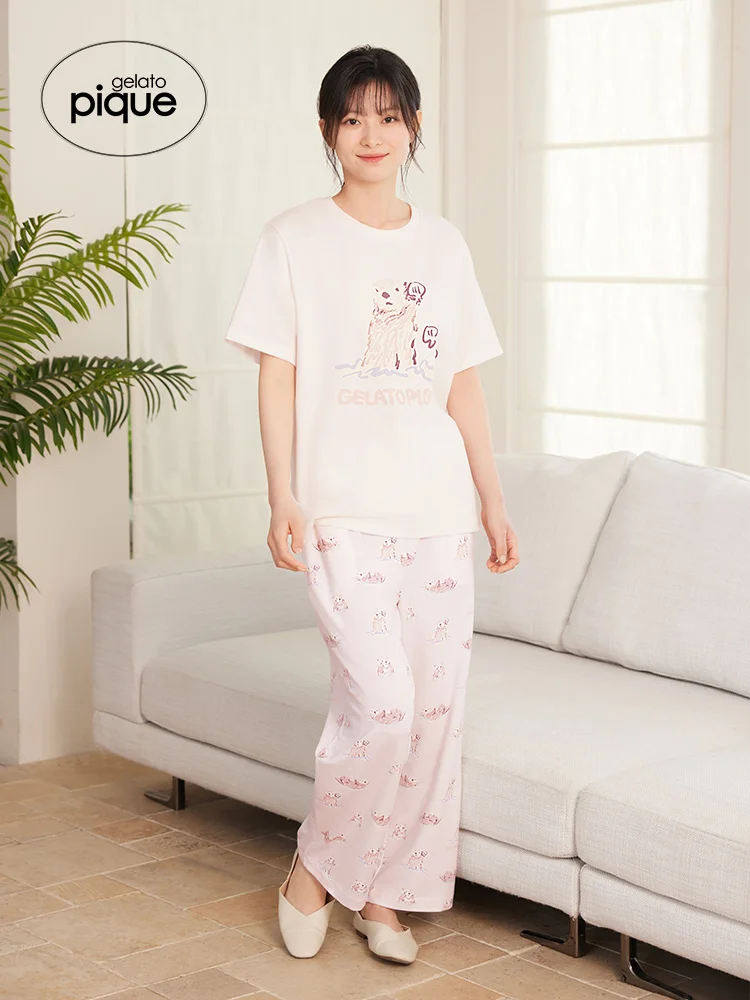 Cute Pajamas Room Wear Gelato Pique Summer Women's Pajamas Kawaii Otter Printed Short-Sleeved T-shirt Tops Pants Dress