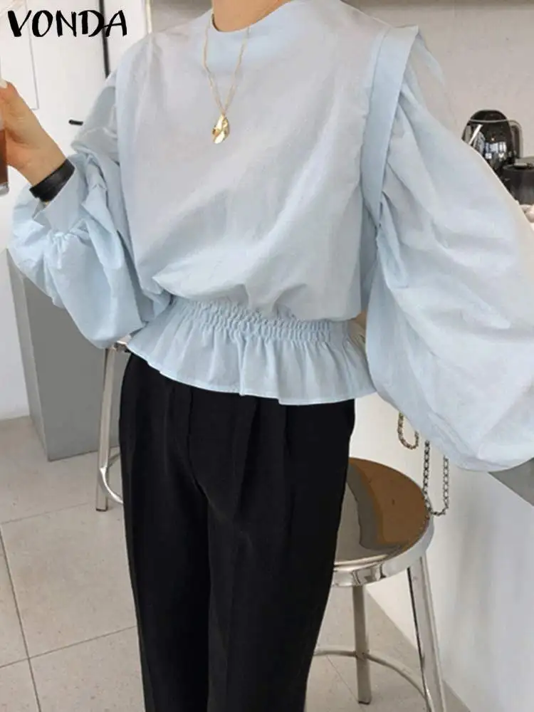 

VONDA Women Ruffled Blouse 2022 Stylish Summer Long Lantern Sleeve Peplum Shirts Elegant Tunic Tops Casual Solid Party Blusas