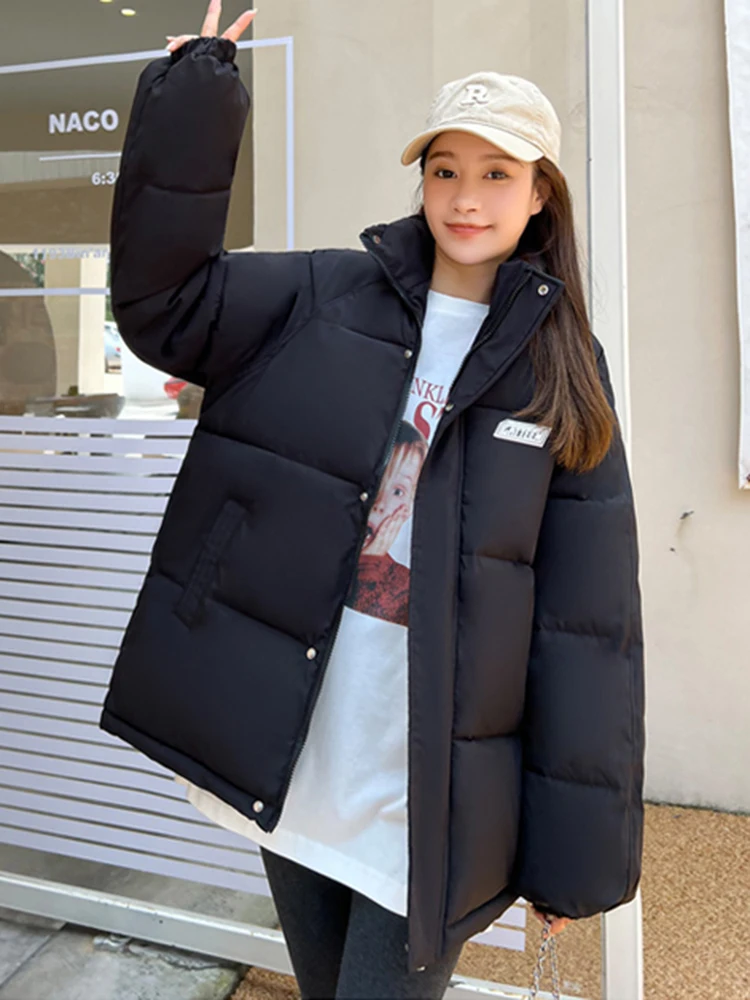 Winter Women Stand Collar Puffer Jacket Casual Long Sleeve Warm Parka Female Cotton Padded Jacket Loose Outwear