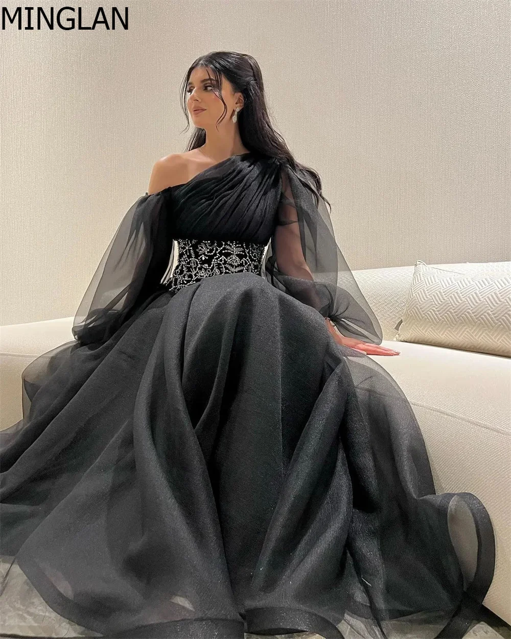 

MINGLAN Elegant One Shoulder Full Puff Sleeve A Line Long Black Evening Dress Sequined Floor Length Sweep Train Prom Gown New