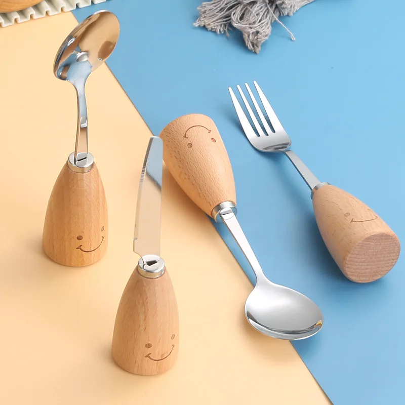 

Cartoon Children Soup Spoon, 3D Stainless Steel Spoon and Fruit Knife and Fork Set, Cute Ins Style Wooden Tableware