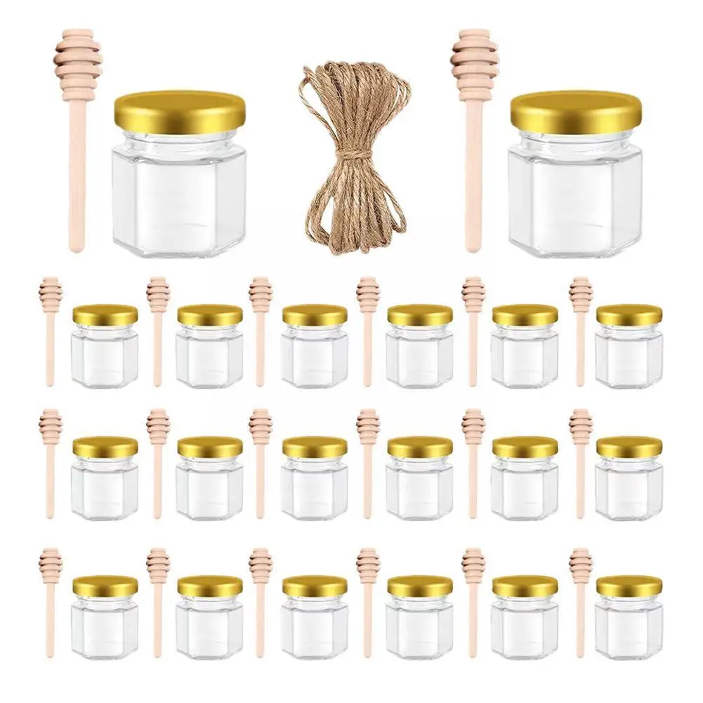 

20 Pack Hexagon Mini Glass Honey Jars With Wooden Dipper Gold Lids Gold Bee Pendants Jutes 20 Pack- Perfect For Baby Shower W4D1