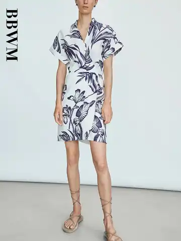 Leaf Printed Linen Minimalist Women's Fashion Dress Short Sleeved Lapel Casual Vacation Chic Female Dress