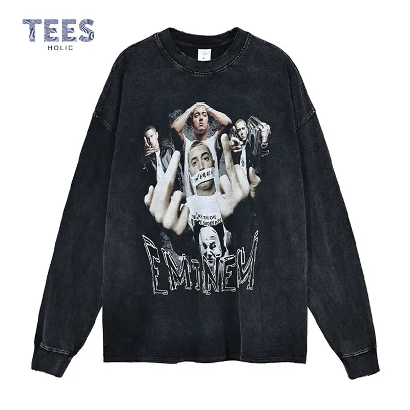

y2k Eminem Printed Sweatshirts Hip Hop Rapper T-shirts Long Sleeve Vintage Washed Oversized Hoodie Harajuku Streetwear Tops Tees