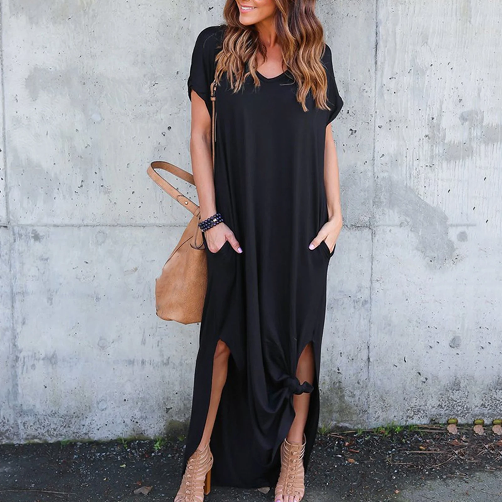 

Split Maxi Long Dress with Pockets Casual Loose Dress V-Neck Fashion European Solid Color Temperament for Weekend Vacation
