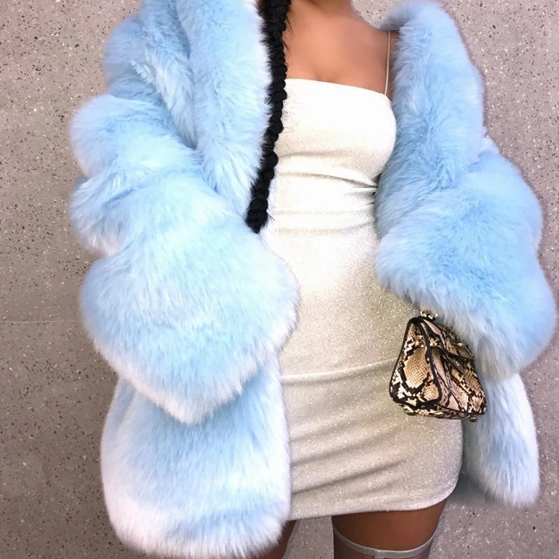 Autumn Winter New Fur Coat Imitation Fox Fur Round Neck Mid-length Long Sleeves Large Size 4XL Black Blue Women's Clothing