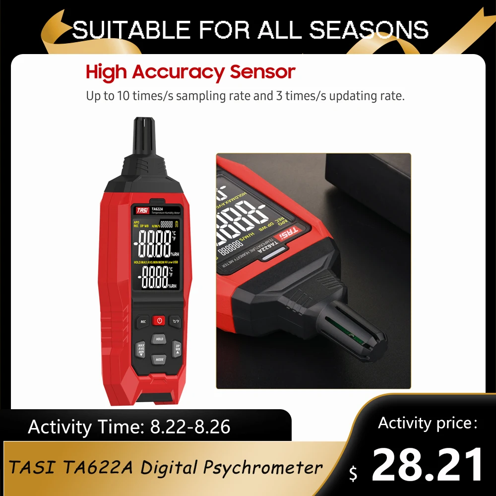 

TASI TA622A Digital Psychrometer Industrial Temperature Humidity Meter Handheld LCD Thermometer Hygrometer Data Hold Storage