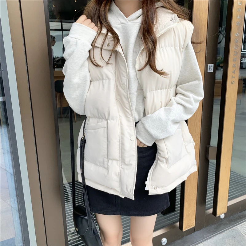 

New Female Vest Jacket Autumn 2021 Women Winter Coat 4 Colors Warm Women Loose Parkas Solid Army Green Sleeveless Coats Parka