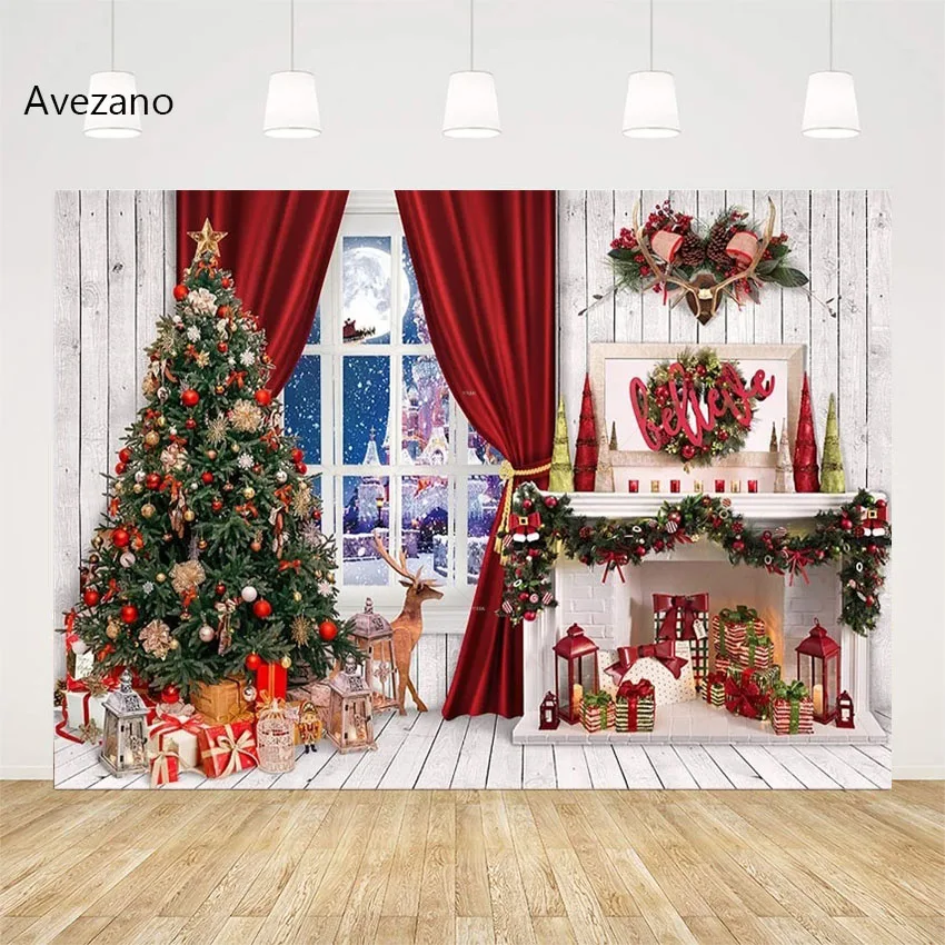 

Avezano Christmas Backdrops for Photography Xmas Tree Wood Floor Window Fireplace Decoration Background Kids Portrait Photoshoot