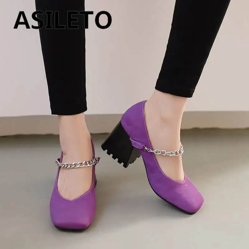 

Женские туфли-лодочки бренда ASILETO, цвет раньше, блочный каблук 7 см, цепочка, ремешок, большой размер 46 47 48, лаконичная повседневная женская обувь, однотонная