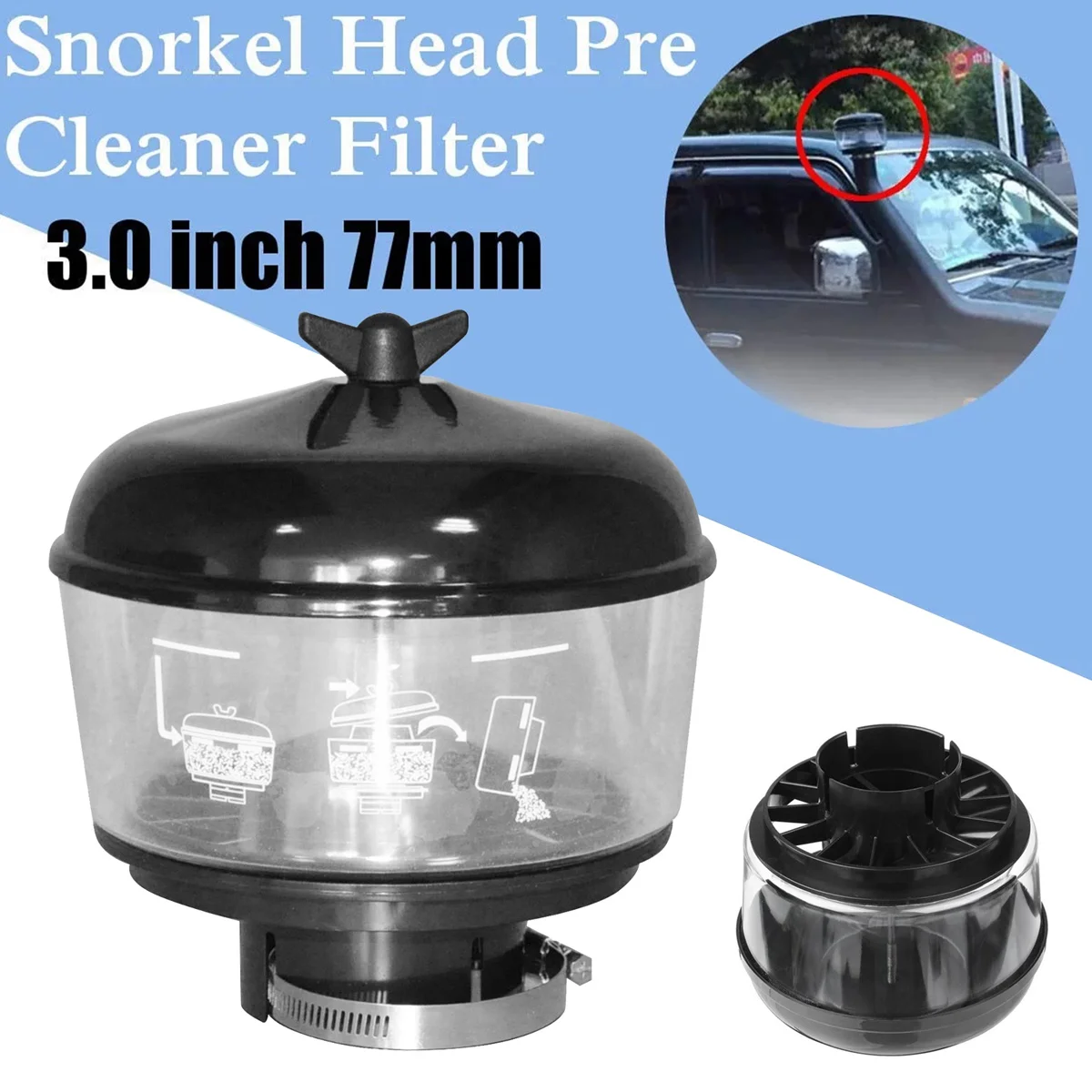 

3Inch/77mm Water Trap Snorkel Head Air Ram Head Pre Cleaner Sand Cup for Toyota Nissan Ram CAT 9Y9431 8H2021 1S5159