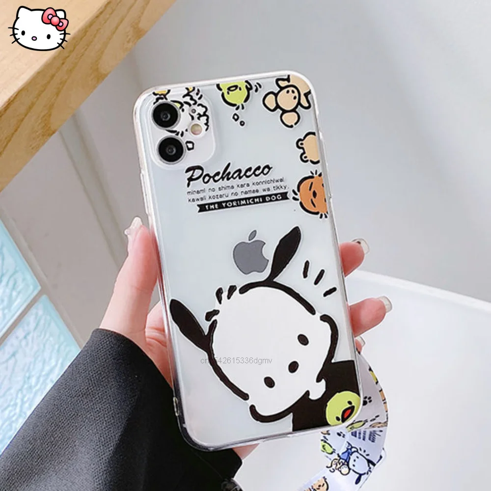 

Прозрачный ударопрочный чехол Sanrio из мультфильма Pachacco для Iphone 12 11 13 Pro Max X Xr Xs Mini, силиконовый чехол 7 8 Plus, милый черный