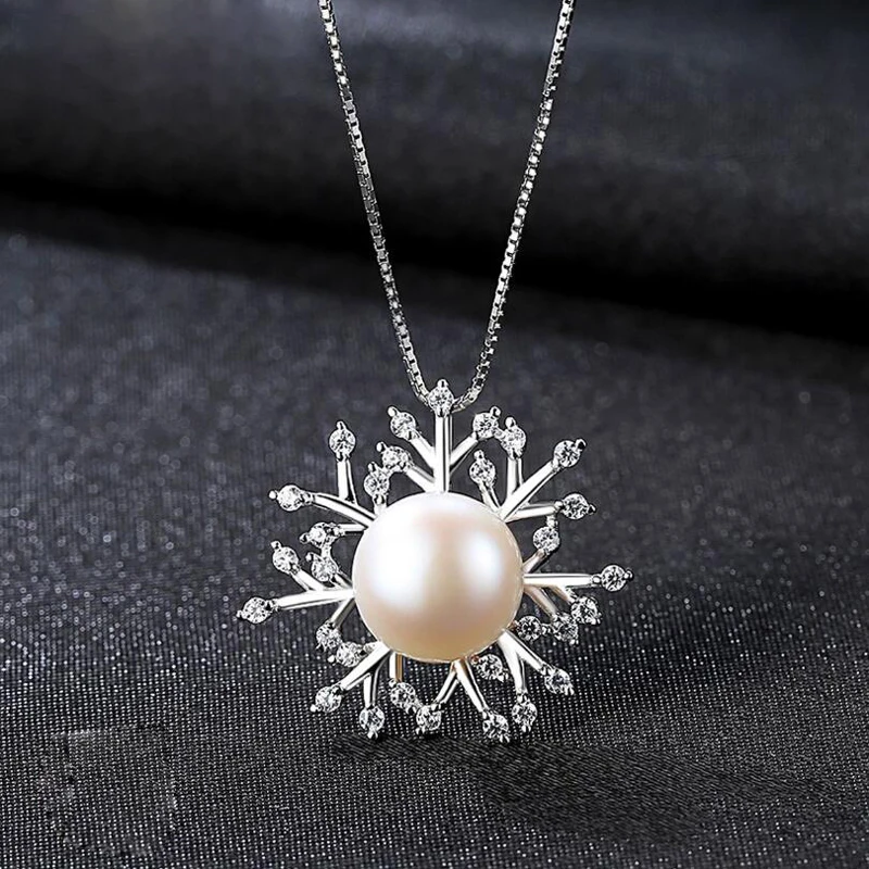 

[MeiBaPJ]Real Freshwater Pearl Snowflake Pendant Necklace Pure 925 Solid Silver Fine Jewelry for Women