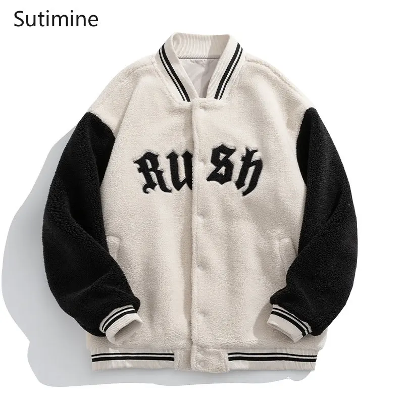 Men Clothing Casual Stand Collar Lamb Down Baseball Jacket Cotton Padded Jacket Embroidered Male Pockets  Winter Coat