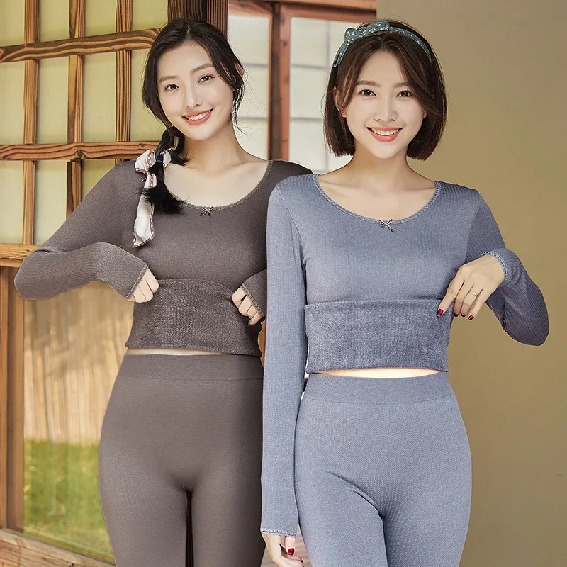 Autumn and winter new thermal underwear of warm German velvet ladies with velvet and thick lace round neck long Johns set