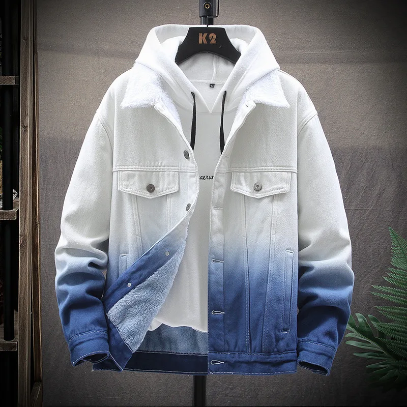 

2021 New jacket men's wear trend gradually changing slim and fleece men's casual denim jacket coat men
