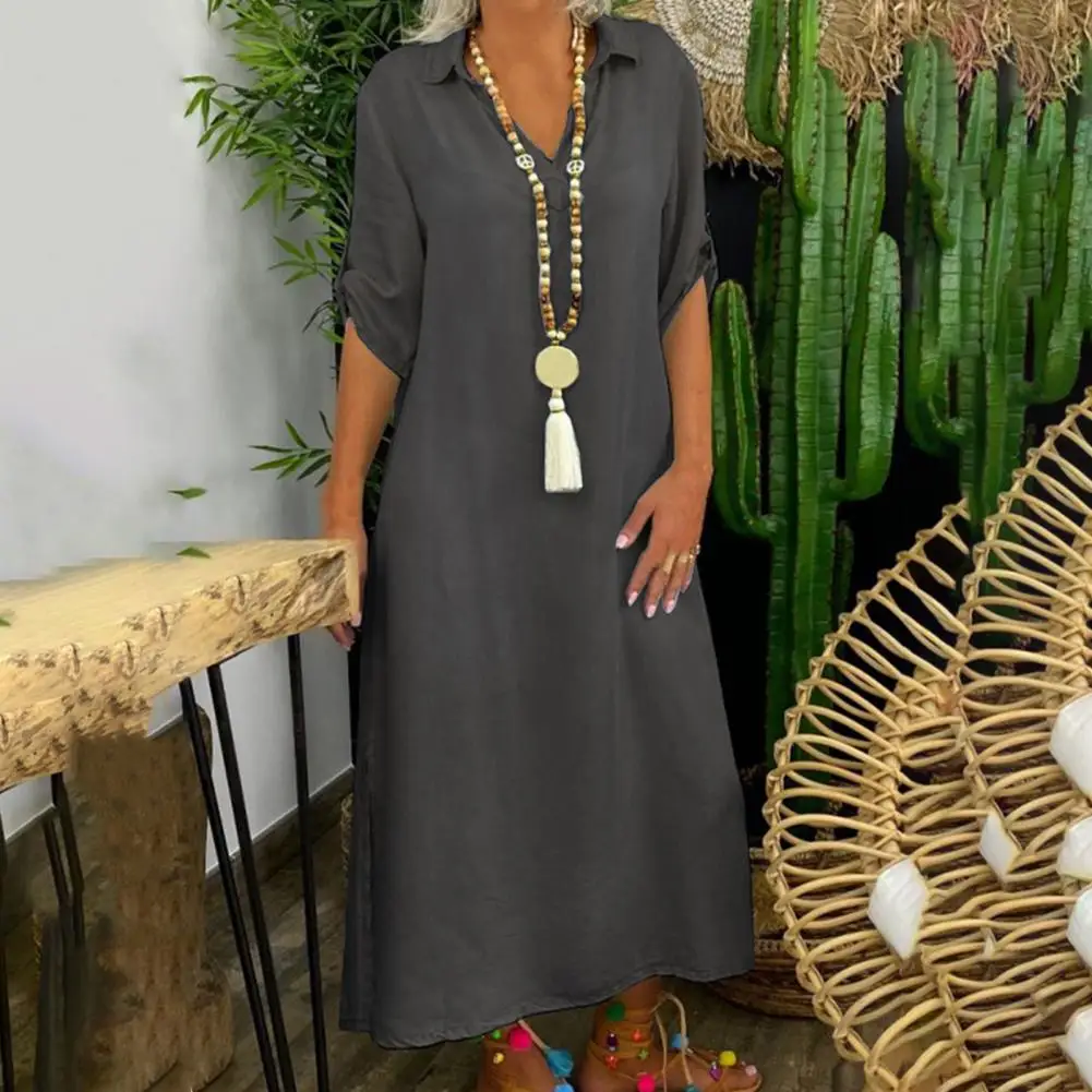 

Платье-миди женское однотонное с отложным воротником, коротким рукавом и V-образным вырезом