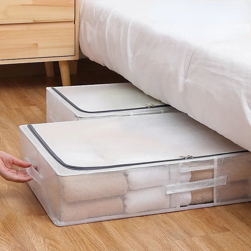 Under Bed Large Size Transparent Storage Box Foldable Under Bed Quilt Waterproof and Moisture-proof Storage Box with Steel Frame