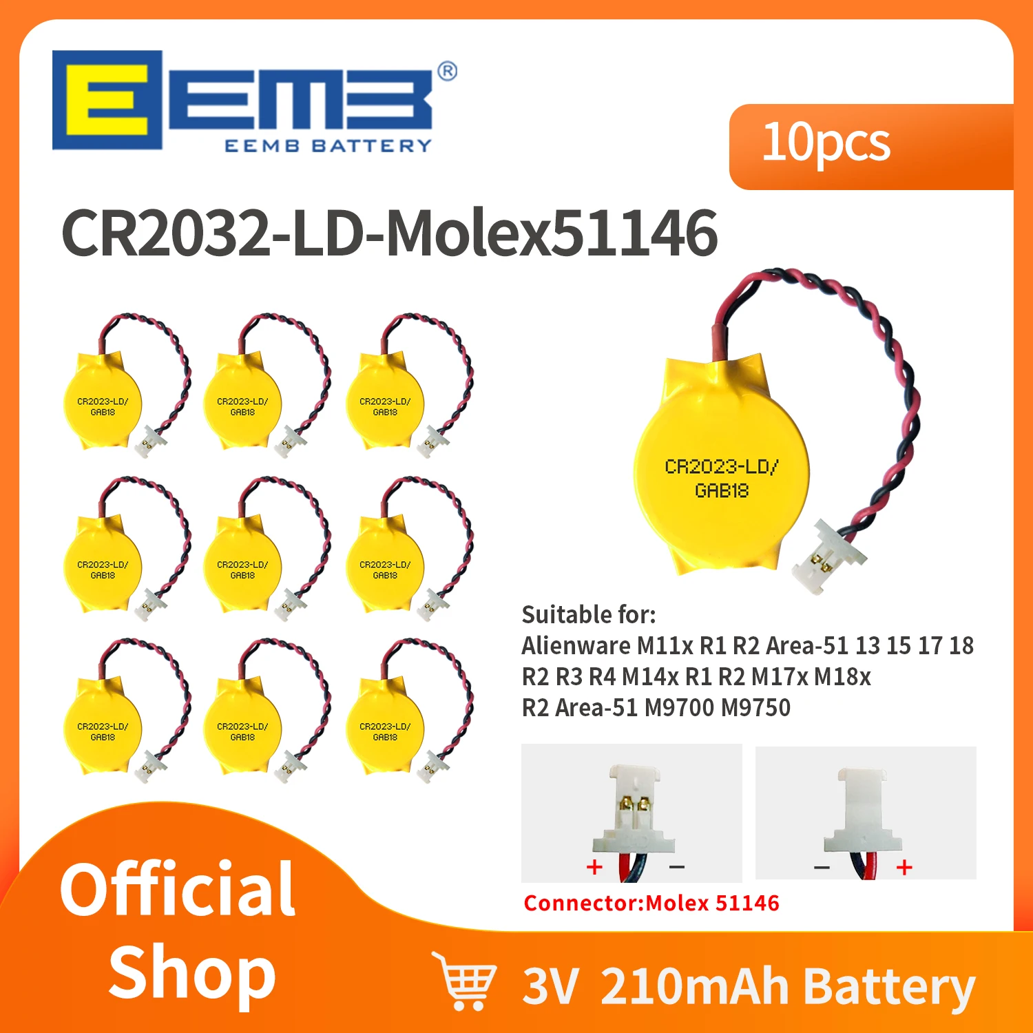 Аккумуляторная батарея EEMB 3V CR2032 с материнской платой Molex 51146, 10 шт./упаковка