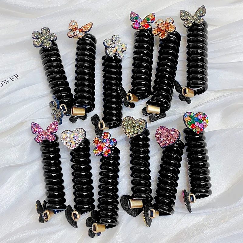 

New Rhinestones Flower Heart Butterfly Strip Telephone Line Hair Band For Women Hair Tie Elastic Scrunchie Hair Accessories