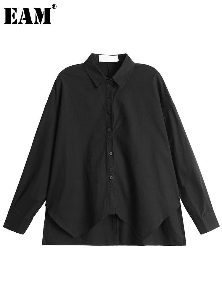 

[EAM] Women Black Irregular Big Size Blouse New Lapel Long Sleeve Loose Fit Shirt Fashion Tide Spring Autumn 2022 1DE6026